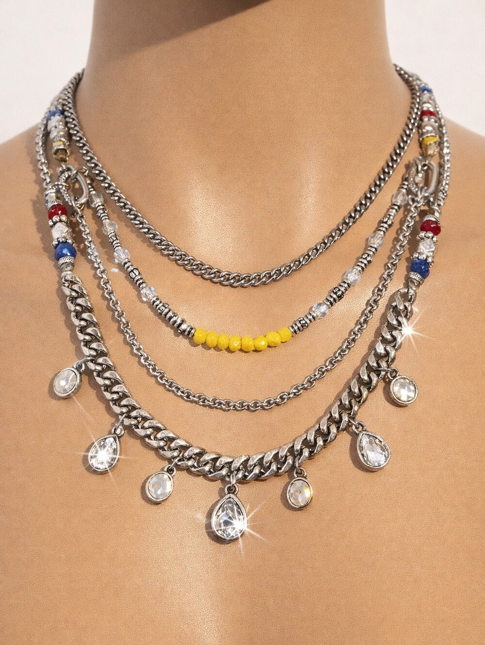 Layered Silver Multi-Color Beaded Necklace w/ Yellow Accent – Statement Jewelry